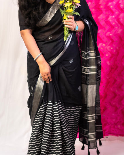 Blossoms in Shadow- Handcrafted Linen Saree