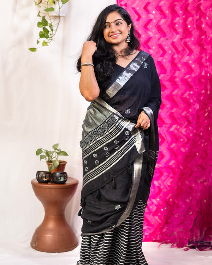 Blossoms in Shadow- Handcrafted Linen Saree