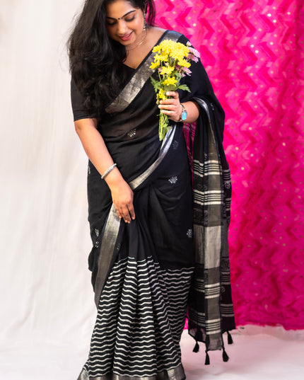 Blossoms in Shadow- Handcrafted Linen Saree