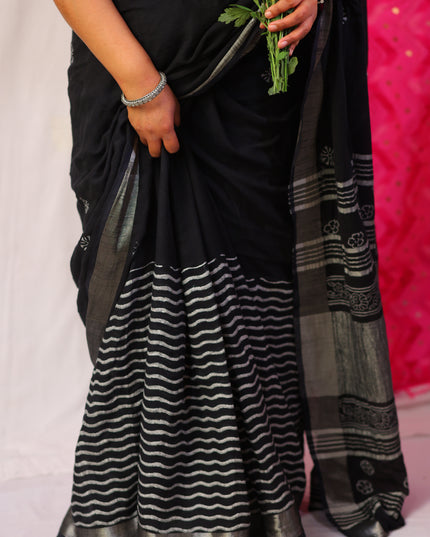 Blossoms in Shadow- Handcrafted Linen Saree
