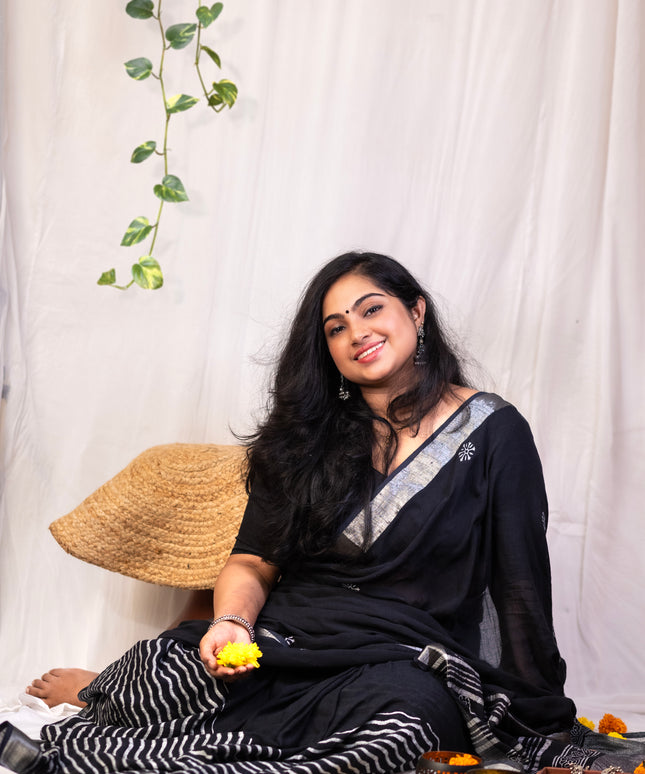 Blossoms in Shadow- Handcrafted Linen Saree
